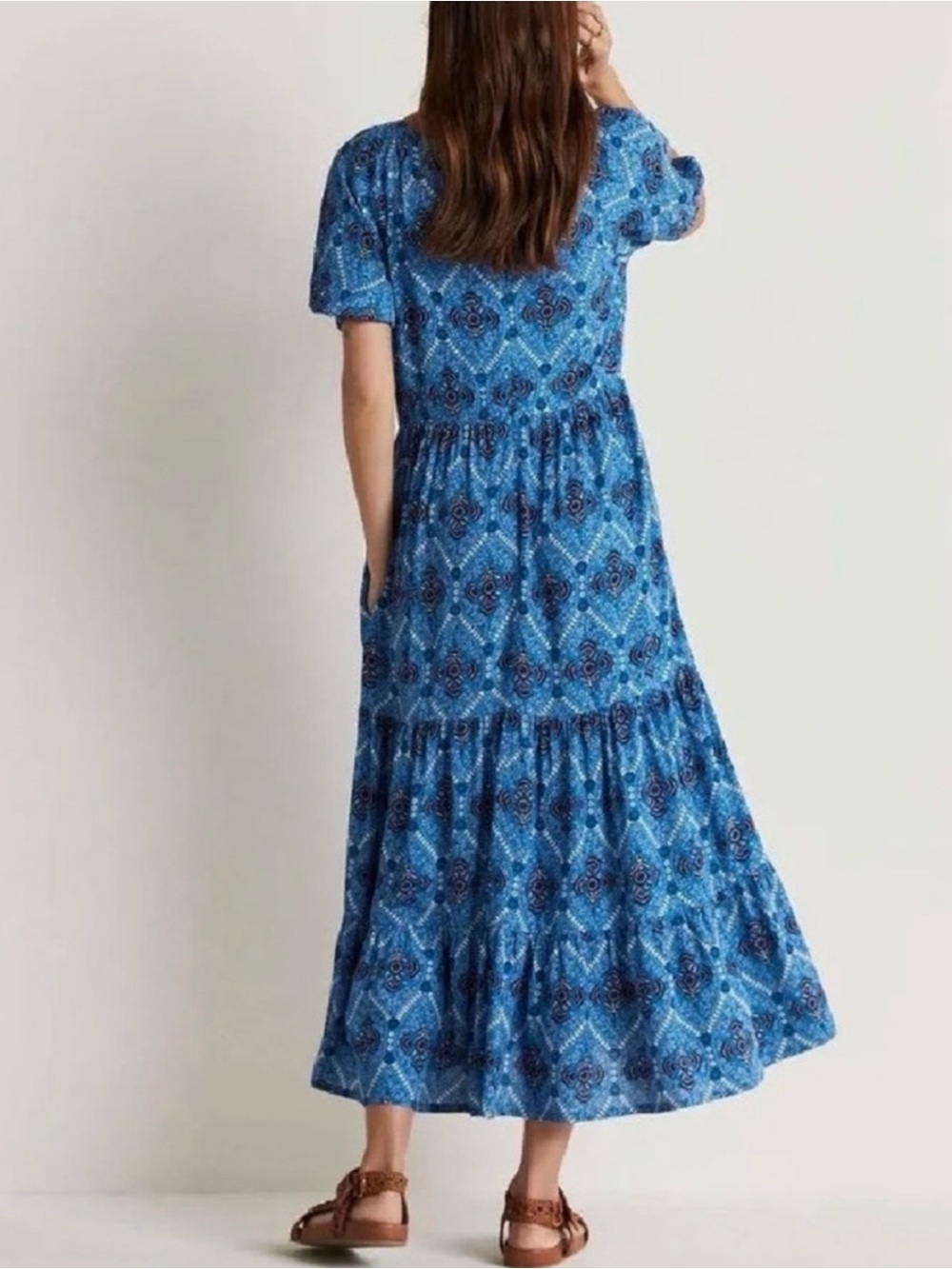 Boden V-Neck Midi Dress Mosaic Blue Poppy Bloom Tiered Puff Sleeve Sz 6 - Picture 5 of 11